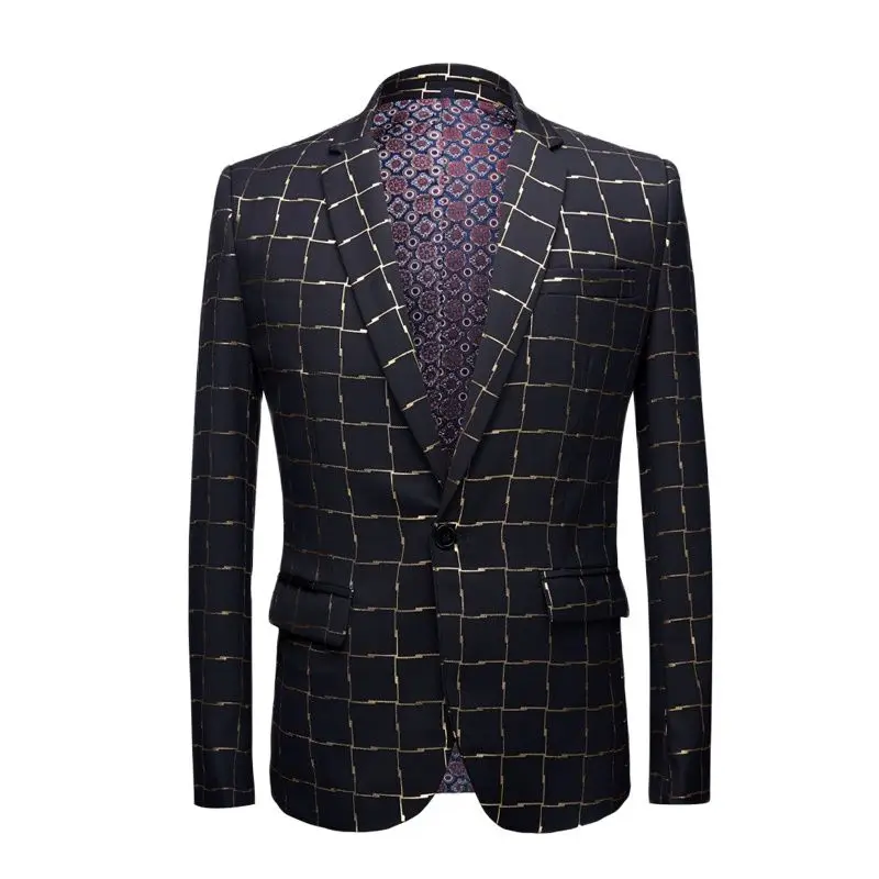 Blazer European and American Men's Fashion Casual Suit Jacket Gold Mesh Bronzing Prom/Banquet Black Gentleman Slim Suit