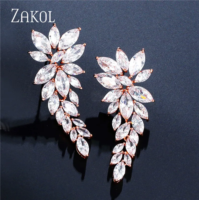 

ZAKOL Luxury Marquise Cut Cubic Zirconia Leaf Long Dangle Earrings for Women Bridal Wedding Dinner Jewelry Birthday Gift EP2329