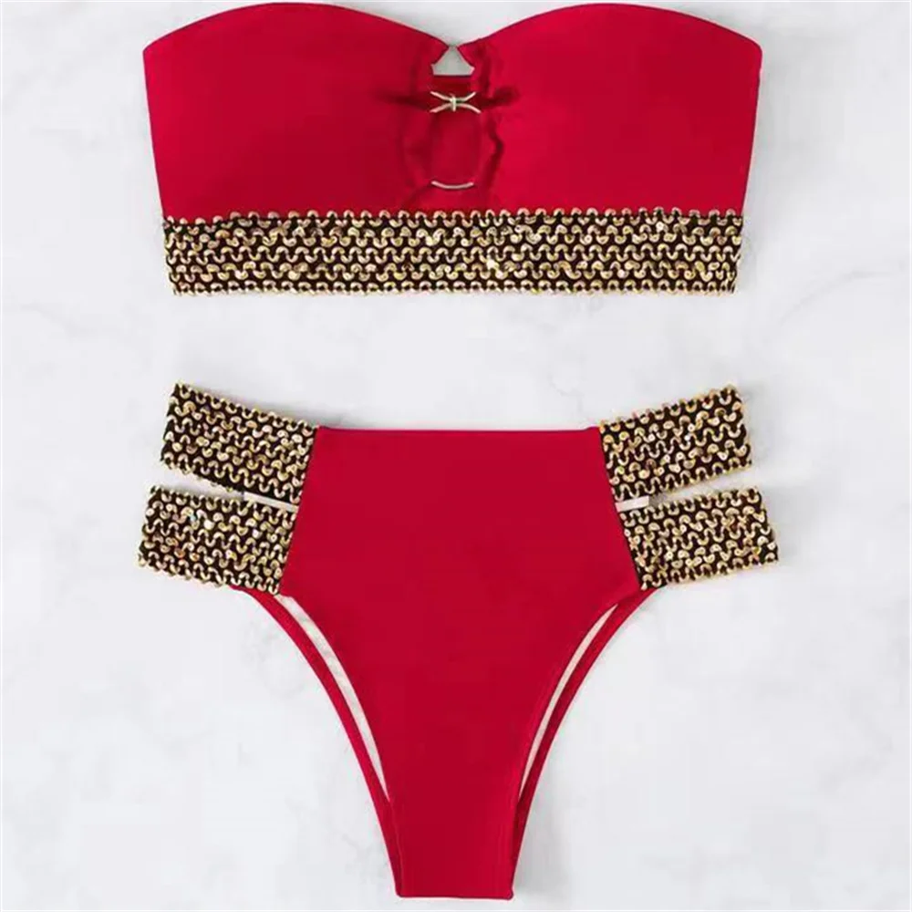 Купальник-бандо с высокой талией и кольцами бандажный комплект бикини Y2K женский