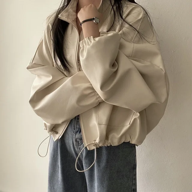 Korean Chic Autumn Skinny Fashion St Collar Zipper Large Pocket Design Drawcord Tie Motorcycle Leather Coat Women Y2k White Top