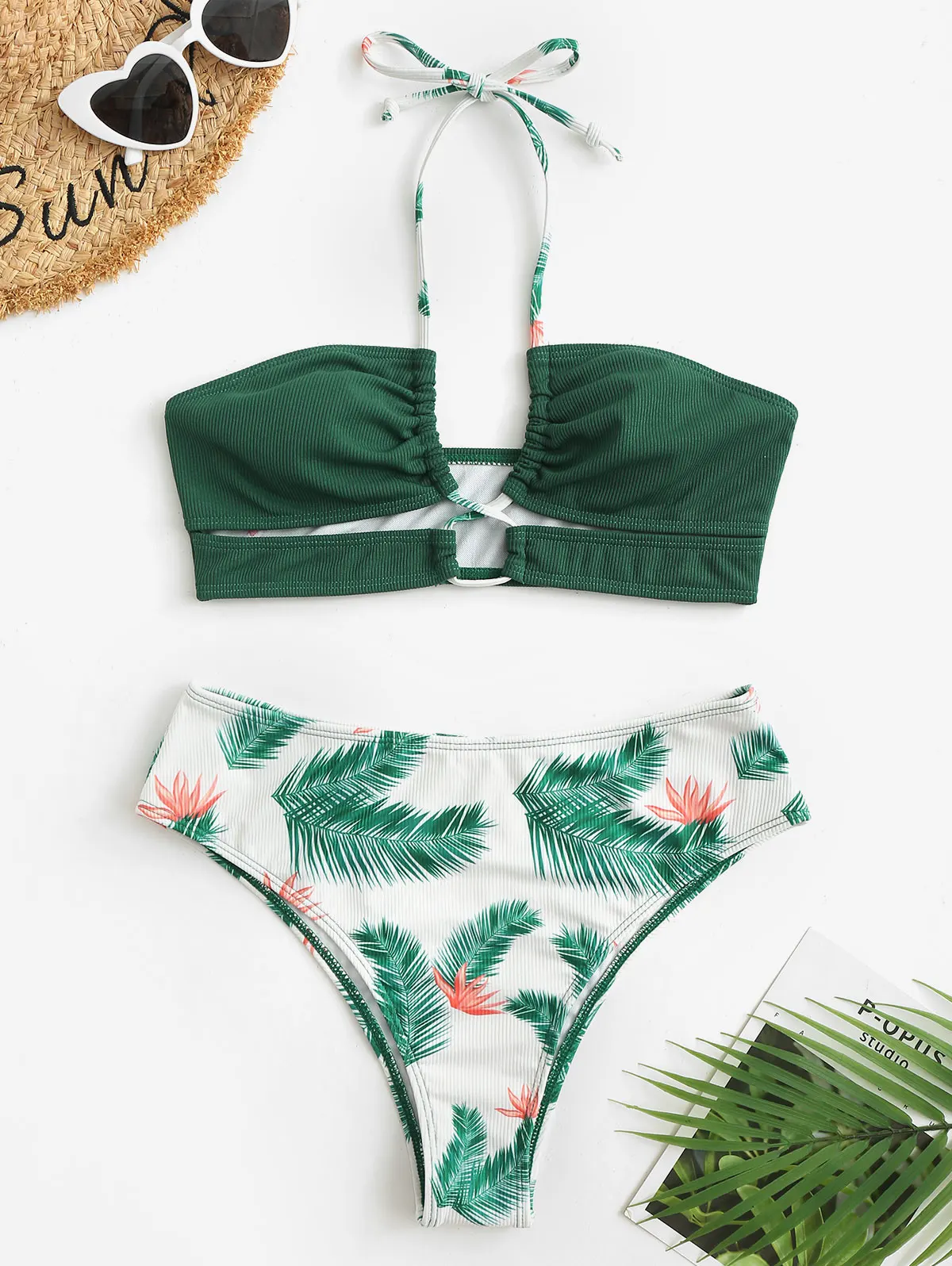 

ZAFUL Halter Lace Up Ribbed Leaf Flower Print Tankini Swimwear