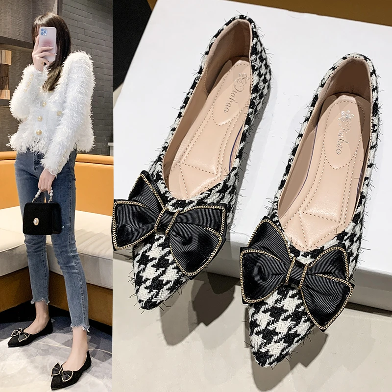 

Houndstooth shoes women's 2022 new summer bowknot shallow mouth small fragrance evening breeze pointed soft sole shoes