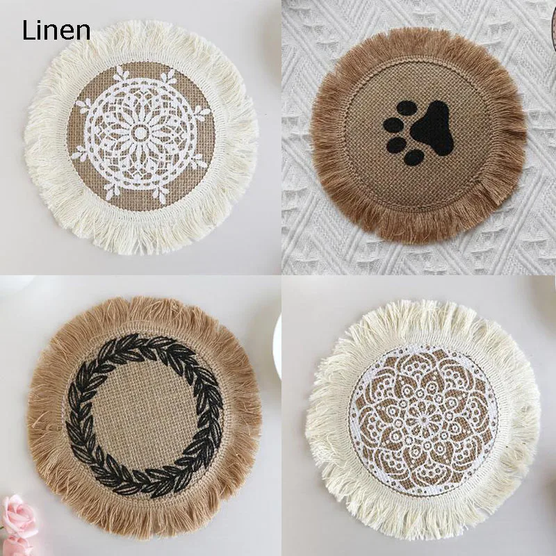 TOP Natural Jute Burlap tassels Printed table place mat pad Cloth placemat cup waterproof coaster round doily kitchen accessory