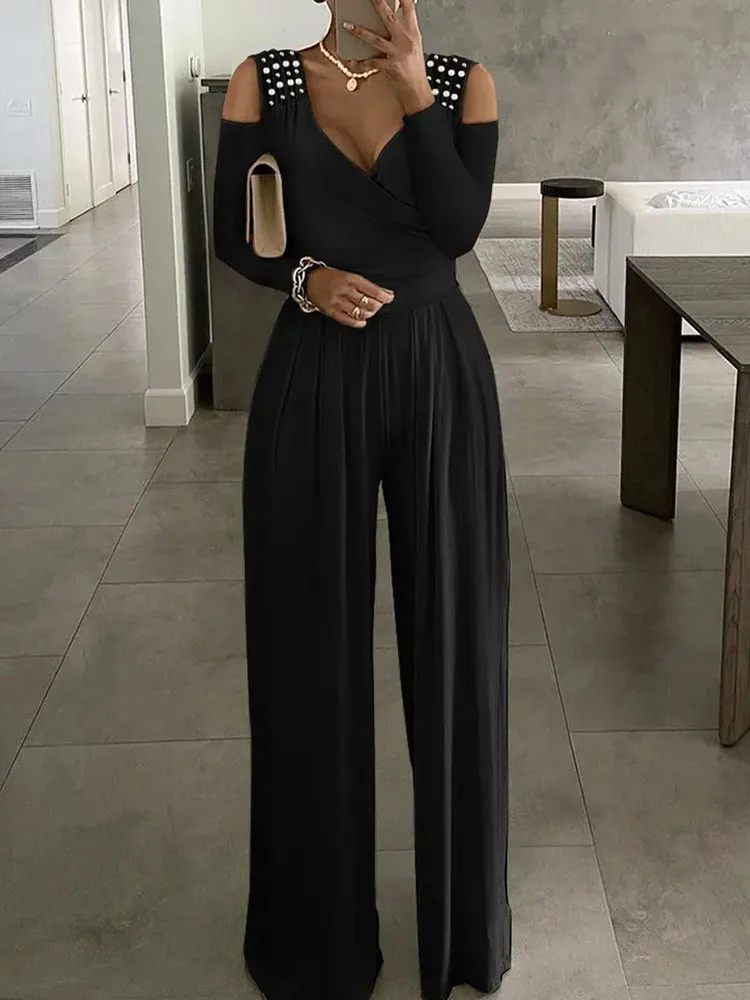 

Summer Sexy Diamond Shiny Backless Party Jumpsuit Women Elegant Off Shoulder Straight Romper 2022 Fashion Loose Playsuit Overall