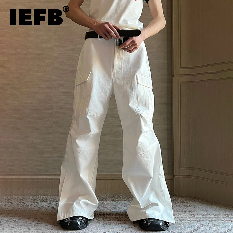 IEFB New Trendy Washed Cargo Pants Male High Street Multi-pocket Wid-leg Straight Trousers Fashion Solid Color New Spring 9A8254
