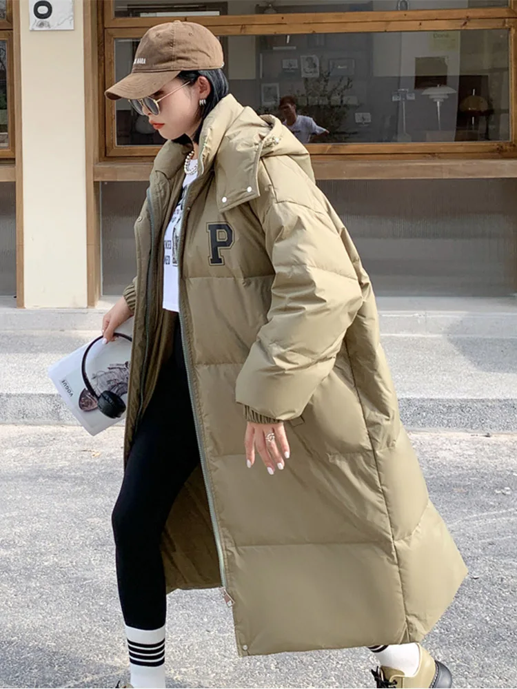 Korean Style Fashion Winter Women Long Parka Solid Black Khaki Beige Big Pockets Female Coat Oversized White Duck Down Jacket