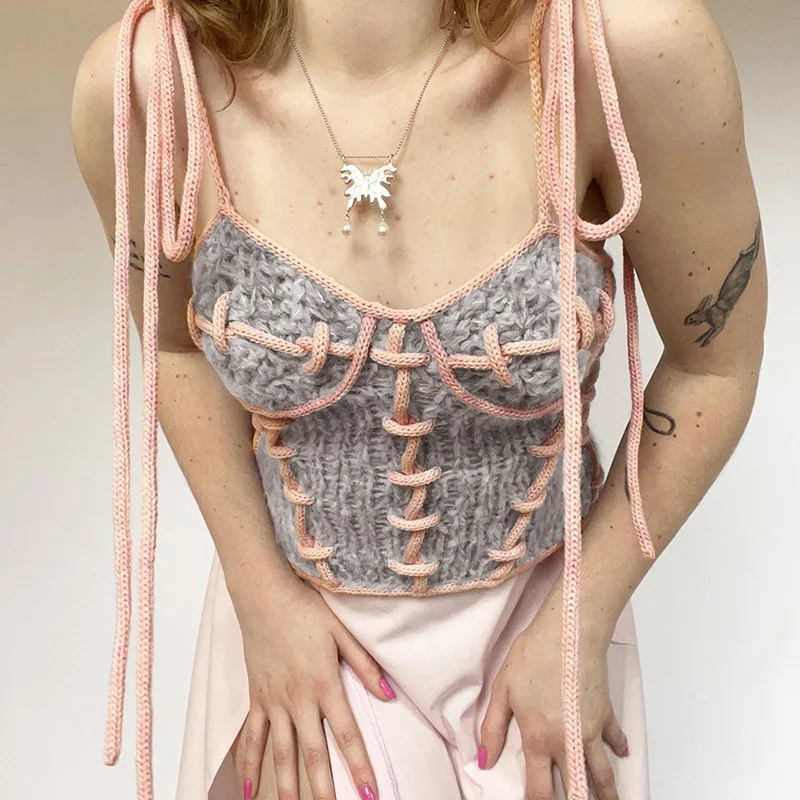 

Summer Straps Slip Crop Top Bandage Backless Slim Fit Knitted Streetwear Ladies Clothes Lace Up Sleeveless Cami Top Sexy Chic