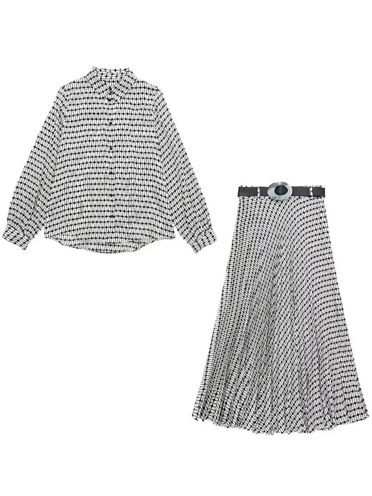 

KLKXMYT TRAF Женский комплект из 2 предметов рубашка и юбка 2023 новый модный костюм рубашки с принтом + юбка миди комплект из двух предметов