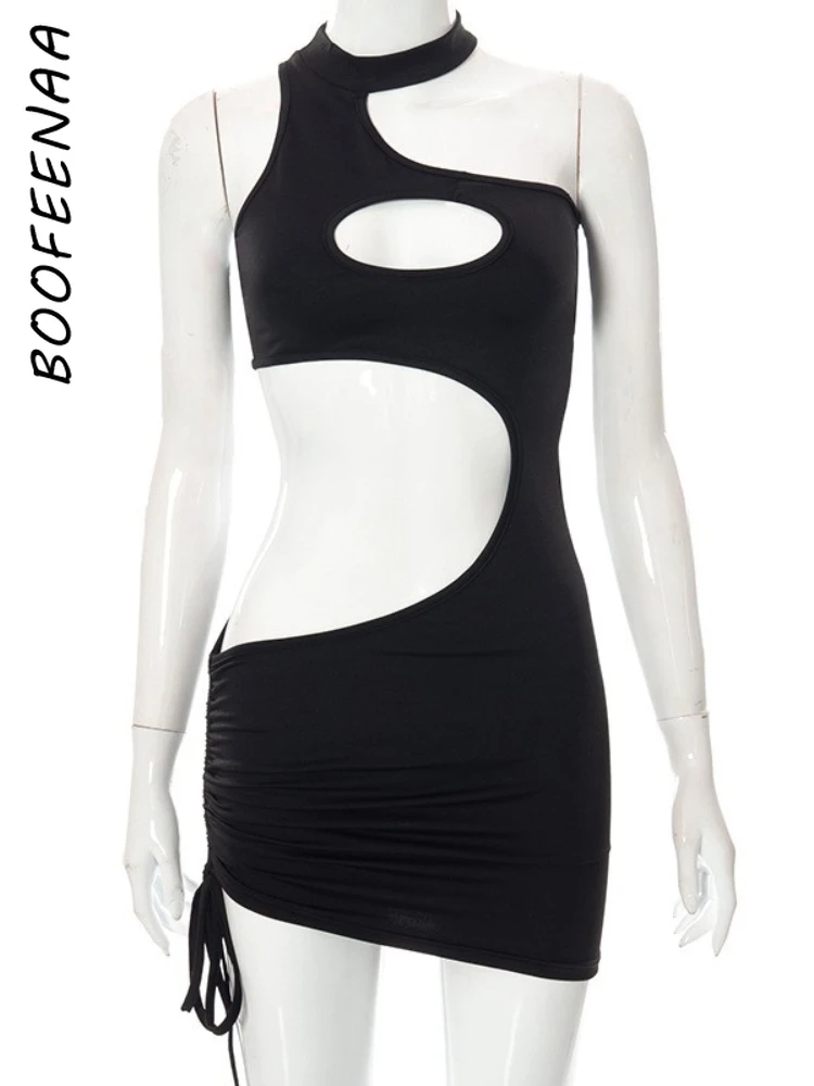 BOOFEENAA Irregular Cut Out Mini Bodycon Dress Summer Going Out Club Wear Sexy Outfits for Woman White Black Dresses C85-BI17 images - 6