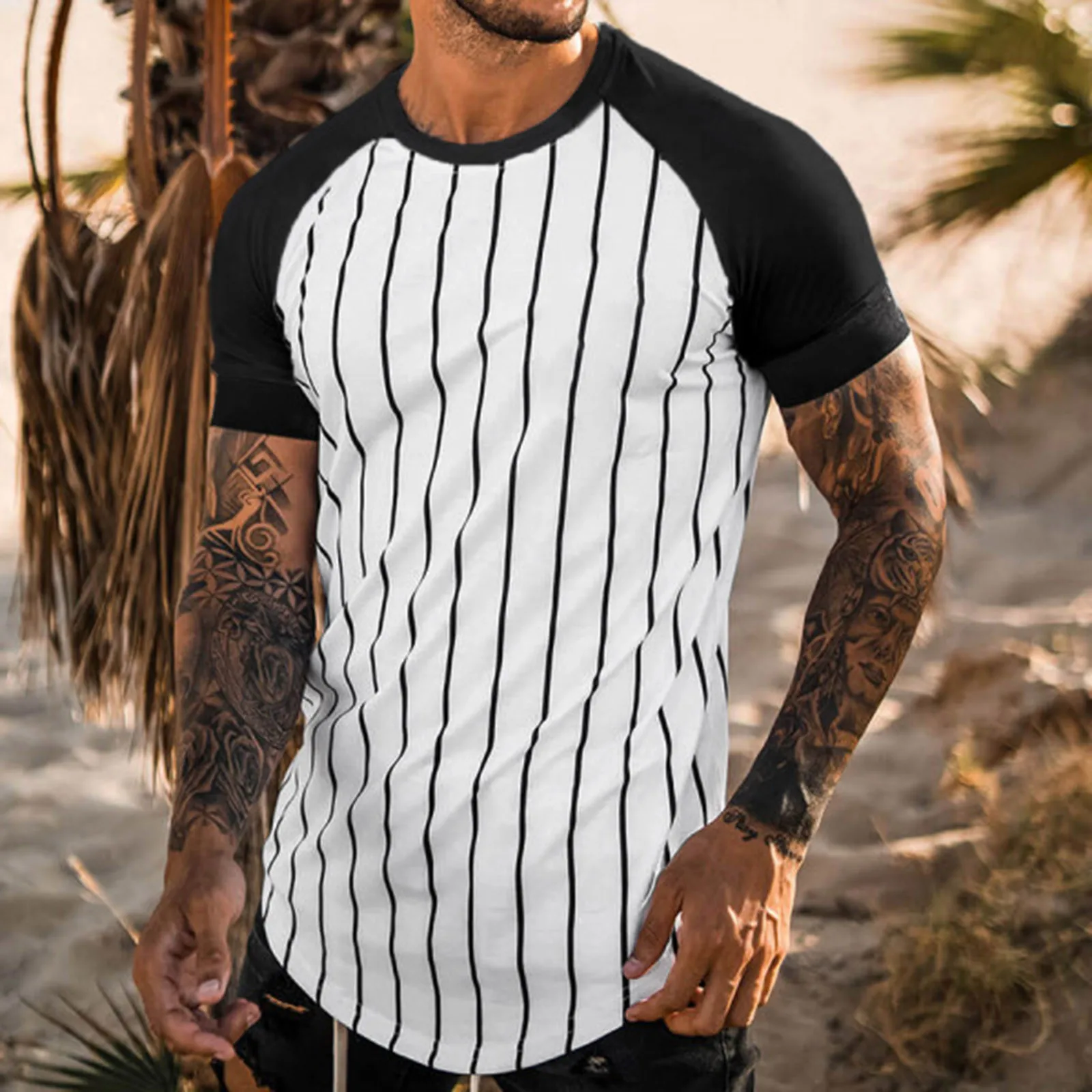 

Рубашка мужская с коротким рукавом, хлопок, короткий рукав, Повседневная облегающая блузка в полоску, пэчворк, уличная одежда, на лето