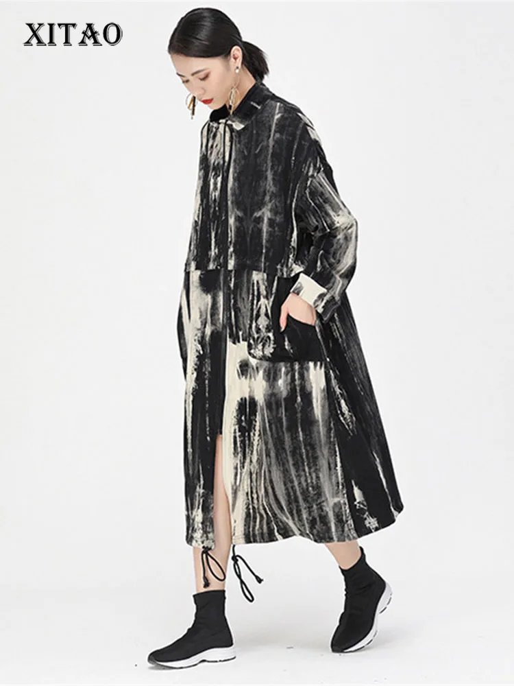 

XITAO Tie Dyeing Gradient Trench Coat for Women Vintage Fashion Long Windbreaker Standing Collar Top Women GCC2366
