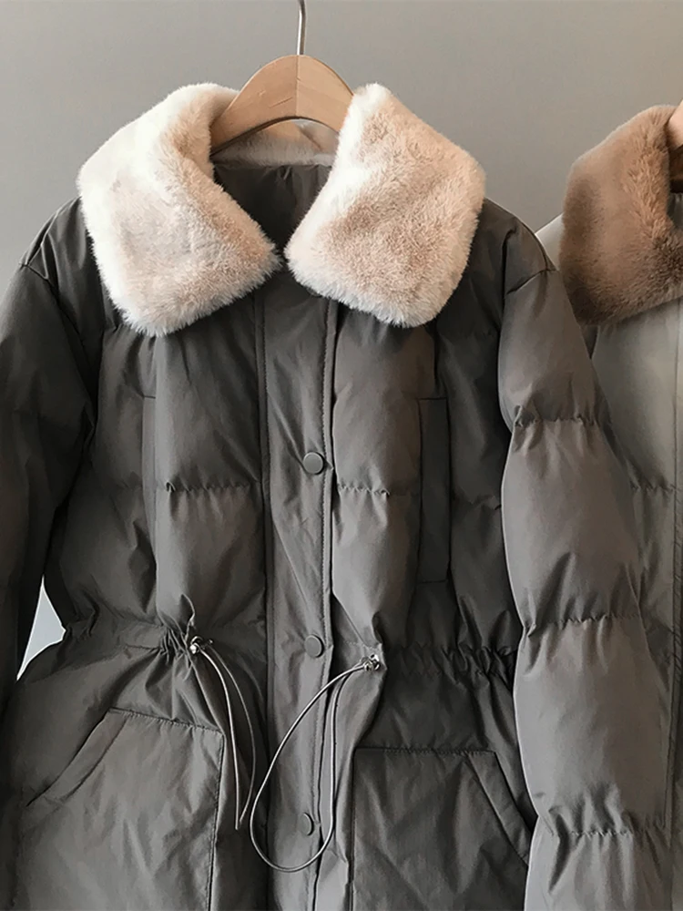 QOERLIN Imitation Rabbit Collar Winter Thicken Long Trench Winter Mid-length Waisted Keep Warm Down Coats Women Zipper Parkas