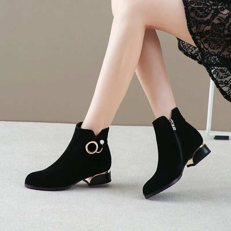 Fashion Women Boots Casual Suede Low High Heels Autumn Winter Shoes Woman Pointed Zipper Ankle Boots Black Zapatos Mujer