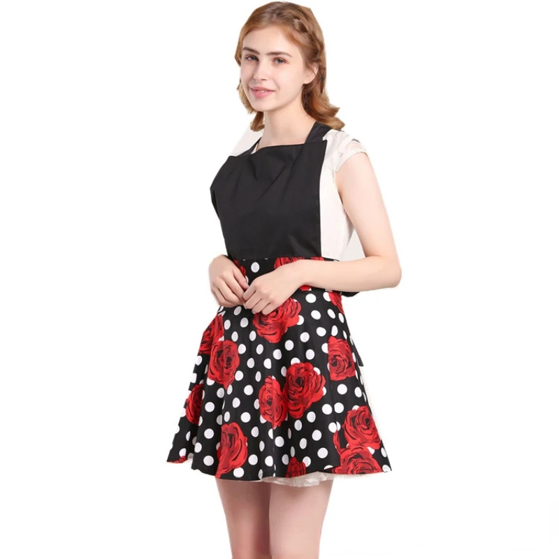 

Apron Rose Flower Large Skirt Black Splicing Style Lace-up Fashion Adult Slim Fit Princess Dress Kitchen Woman Maid Apron Custom