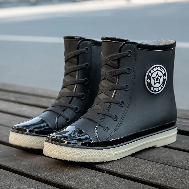 Fashion Solid Color Round Toe Women's Short Boots Waterproof Rainboots with Platform and Warm Cotton for Students, Anti-Slip