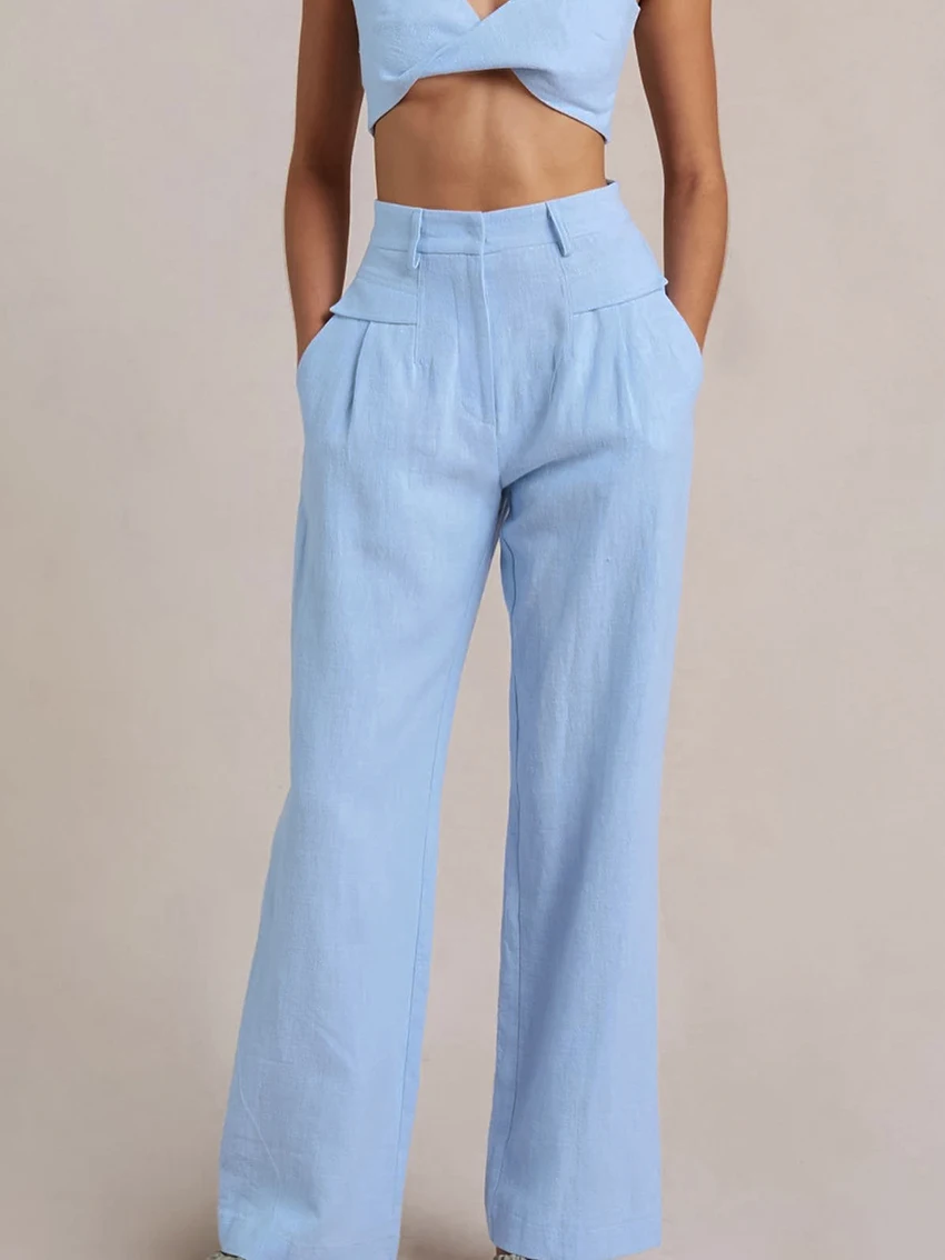 

Summer Women Trousers Cotton Linen Office Lady Full Length Blue Pants High Waist All-Match Elegant Straight Pants 2022 Trendy