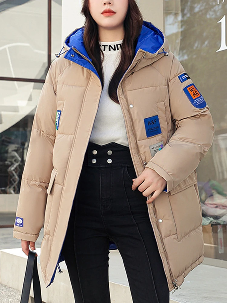AZYT Winter Hooded Parkas Women Fashion Patchwork Mid Long Down Cotton Coats For Women 2022 New Thicken Warm Winter Jacket