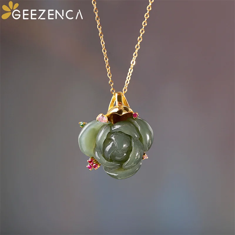 

GEEZENCA S925 Silver Gold Plated Green Jasper Red Zircon Lotus Pendant For Women Luxury Ethnic Flower Pendants Without Chain