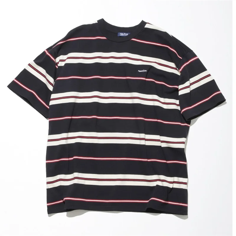 

NAUTICA 23SS Japanese Style Stripe Baggy Round Neck Summer Trend Men's And Women's Short Sleeved T-shirts