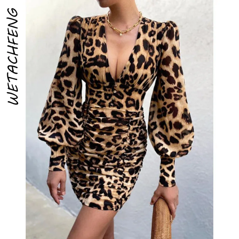 

Beach Boho Leopard Print Floral Spring 2022 Elegant Dress Bodycon Mini Vestidos V Neck Lanter Sleeve Folds Tunics Women Clothes