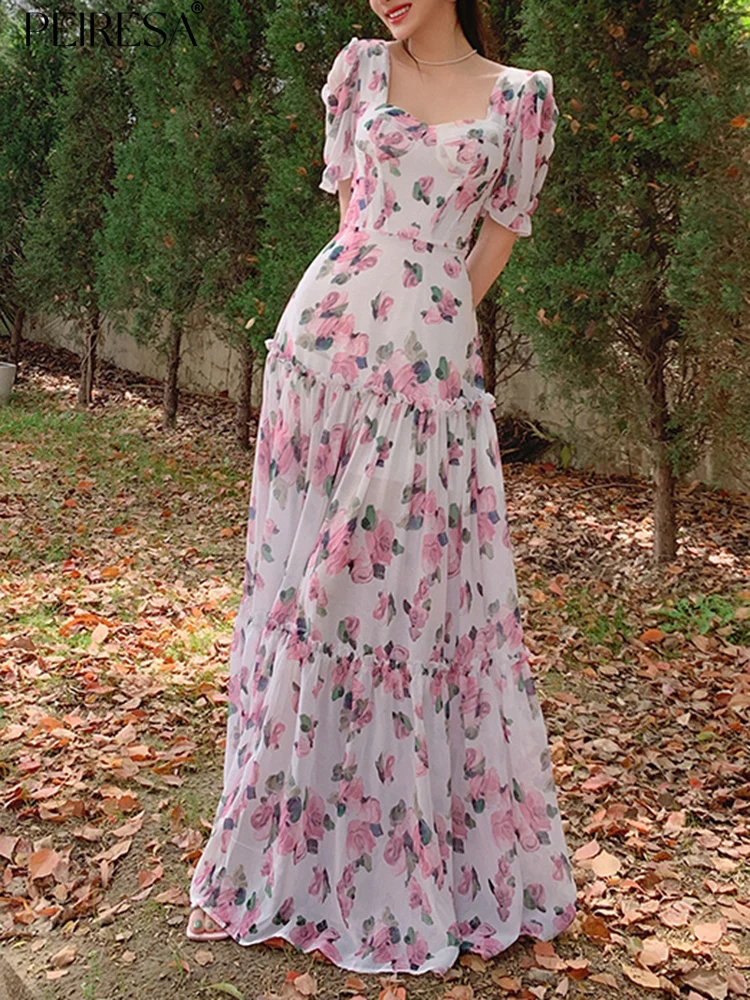 

PEIRESA French Elegant Floral Print Holiday Long Dress Women Square Collar Puff Sleeve Slim Waist Ruffles Maxi Dresses Fairycore