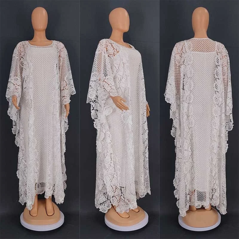 Plus Size Women Clothing New Fashion Solid Color Hot Selling Water-soluble Lace Loose Long Big Hemline White Robe Large Dress
