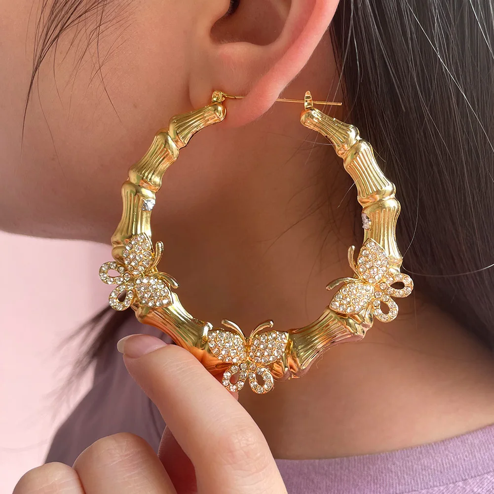Customized Diamond Butterfly Earrings Custom Name Bamboo Earrings Big Letter Personalised Name Earrings for Women Girls Gift