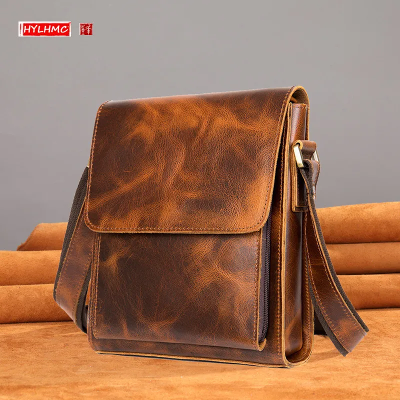 Crazy Horse Leather Men's Shoulder Crossbody Bag Men Retro Trendy Large Capacity Cowhide Mobile Phone Messenger Bags