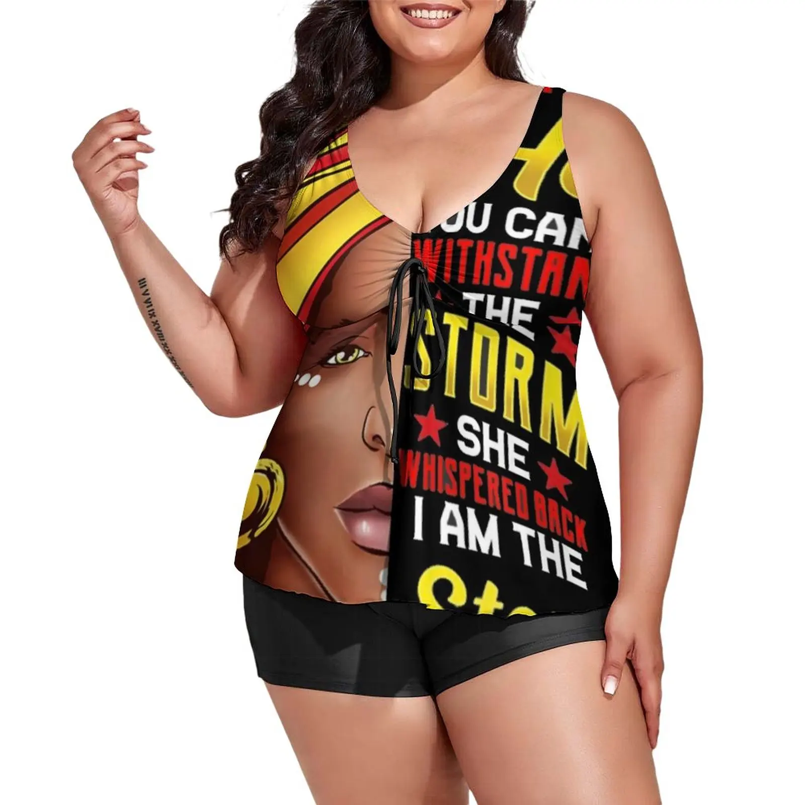 

African Woman Tankini Swimsuit I Am The Storm Two Piece Surf Swimwear Female Colorful Bathing Suit Graphic Beach Wear Plus Size