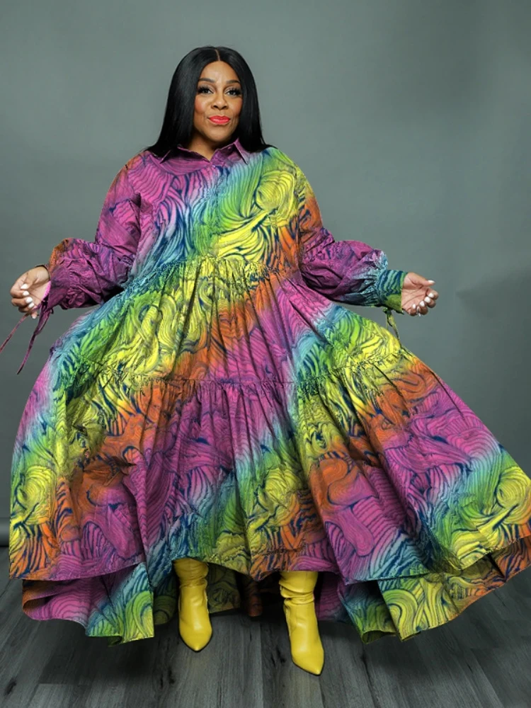 L-5XL Plus Size Blouse Maxi Dress For Women Summer 2023 Print Long Sleeve Casual Loose Party Dresses Robe Grande Taille Vestidos