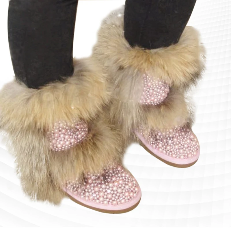 

Pink fur all-in-one pearl plush comfortable warm winter plus velvet thick handmade pearl and leg boots 35-44