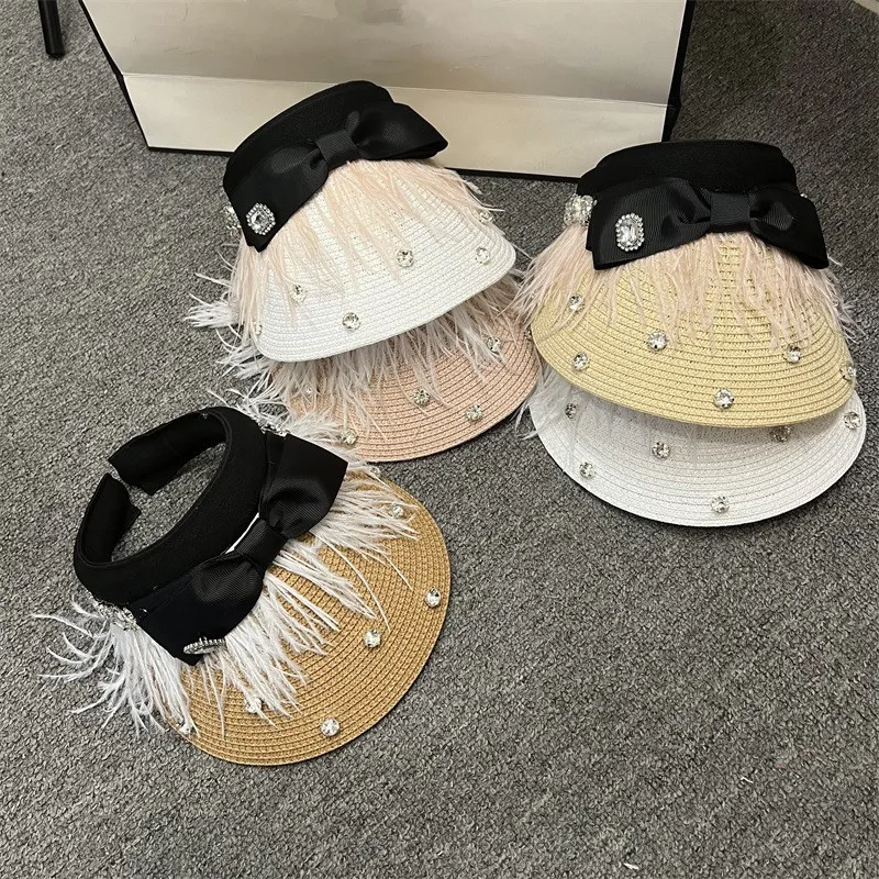 

202305-2509005 ins dropshipping summer paper grass Shiny rhinestone feather without shade lady VISORS cap women leisure hat