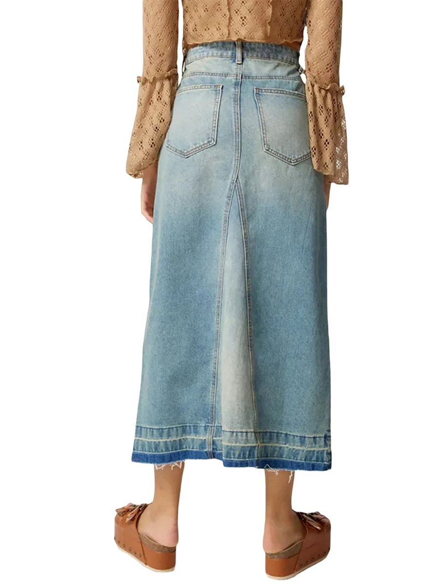 

FeMereina Jupe décontractée en jean taille haute avec ourlet fendu et fermeture éclair avec poches pour femme bleu 40