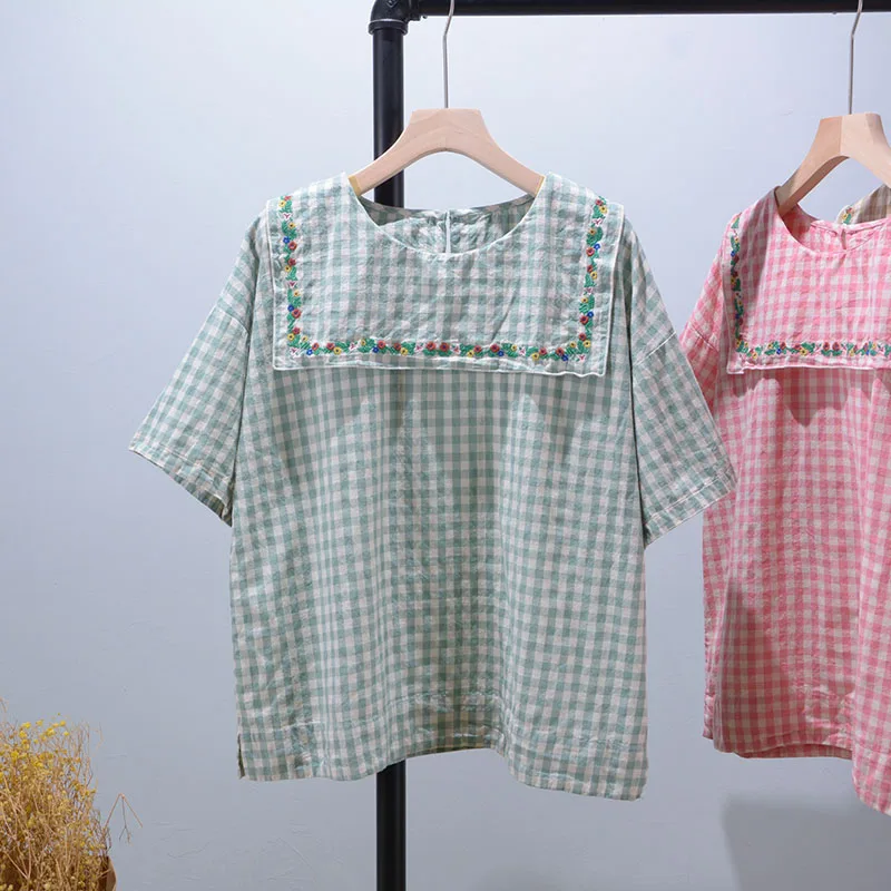 

2022 Summer Preppy Style Plaid Shirt Women Short Sleeve Casual Embroidered Top KM856