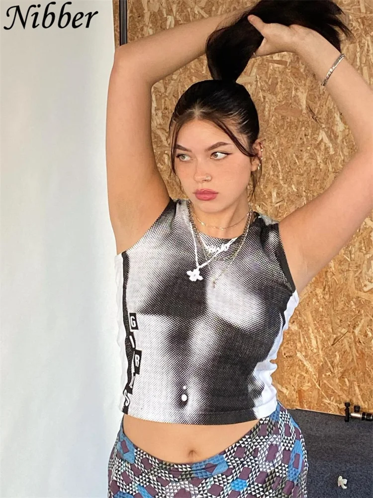 Nibber Y2K модный ретро 3D пиксель боди-арт печатная майка с круглым вырезом для улицы