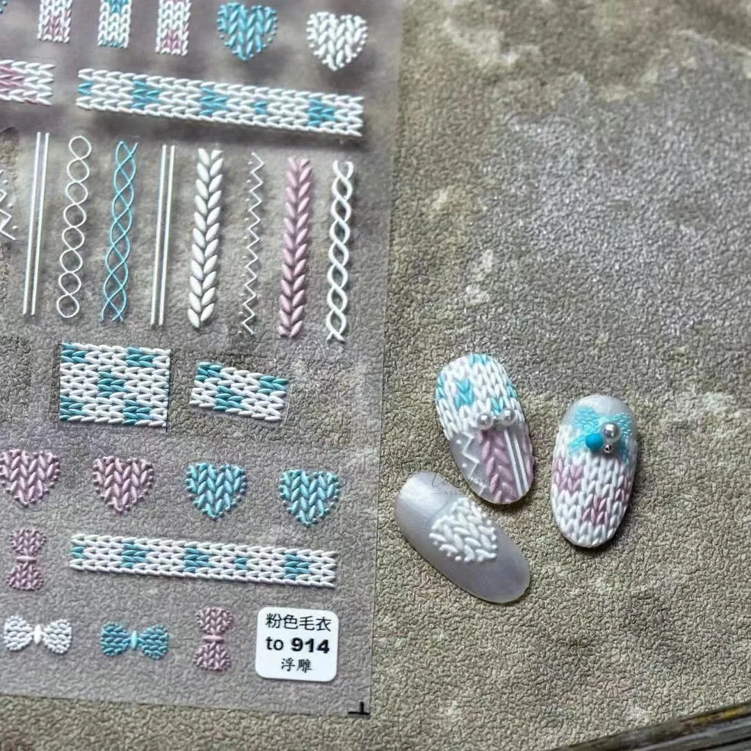 

Winter Christma Sweater Nail Stickers 5D Engraved Stickers Art Decorations DIY Nails Decals Design Accesorios Wraps Manicure