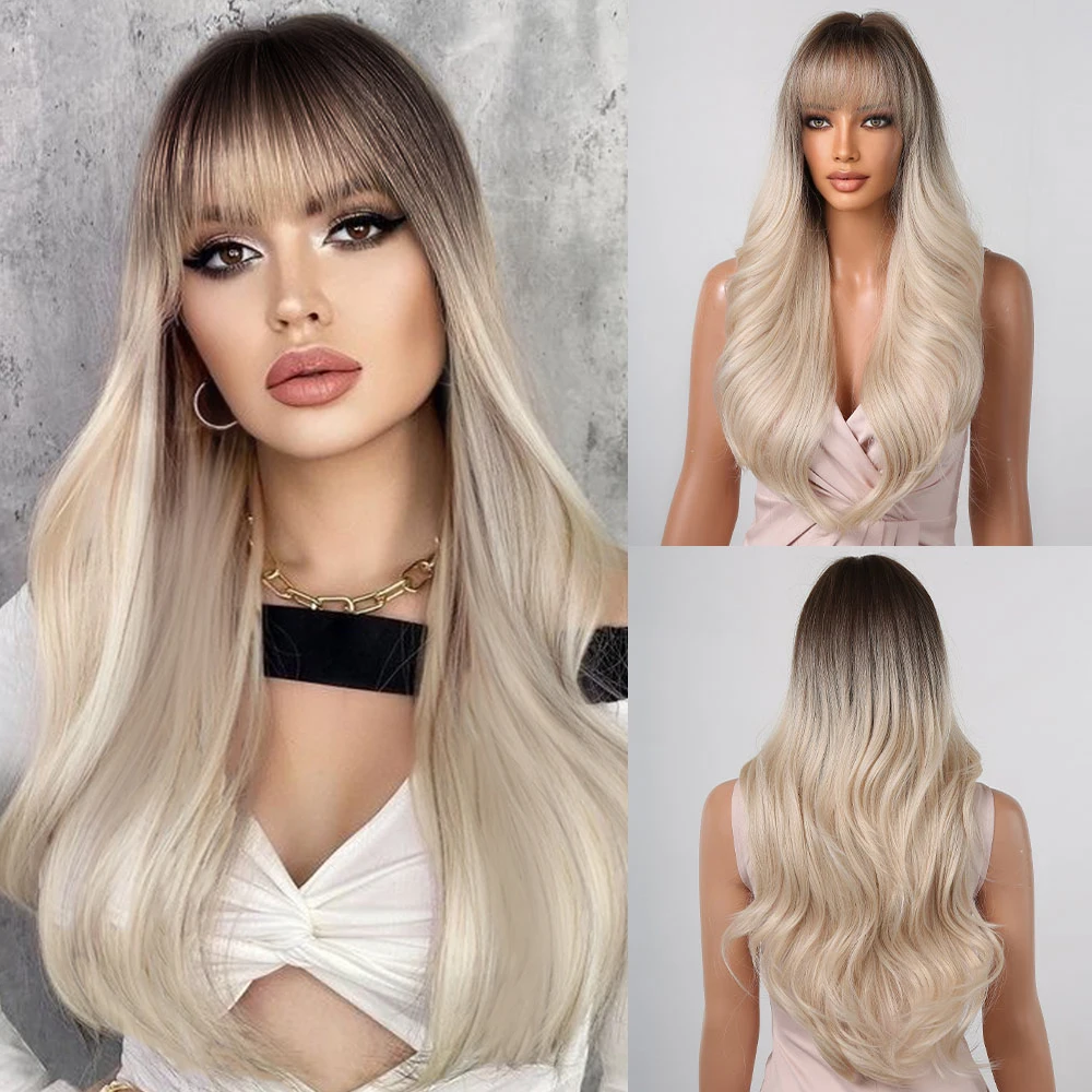 

Ombre Platinum Blonde Long Wavy Synthetic Wigs with Bangs Daily Hair Wigs with Dark Roots for Women Party Natural Heat Resistant
