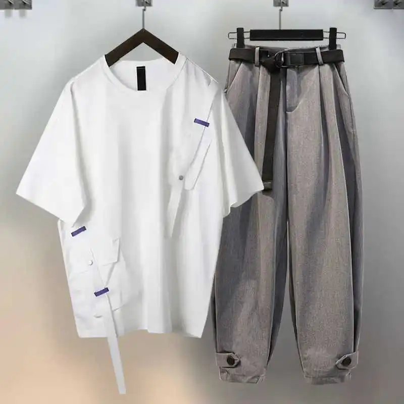 

Hong Kong style high beauty Unisex suit youth trend short sleeve men's casual loose full set men's