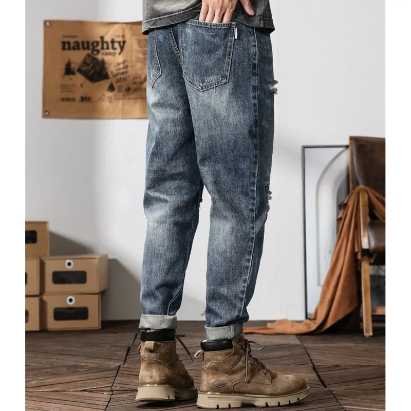 Streetwear Men 2022 New Style Pattern Vintage Recreational Blue Haren Pants Straight Cylinder Loose Ripped Jeans Autumn Female