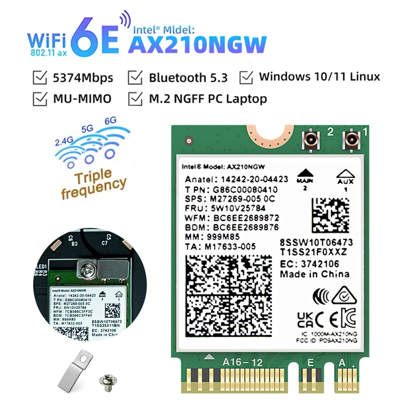 

WiFi 6E Intel AX210 Bluetooth 5.3 M.2 Wireless Card AX210NGW 2.4Ghz 5Ghz 6Ghz 5374Mbps 802.11ax Wifi 6 Adapter For laptop PC