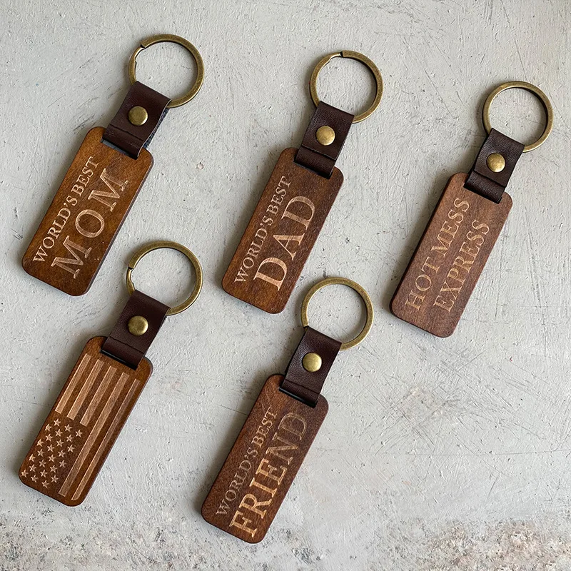 

Customized Retro Vintage Keychain Blanks PU Leather Diy Wooden Keyring For Men And Women