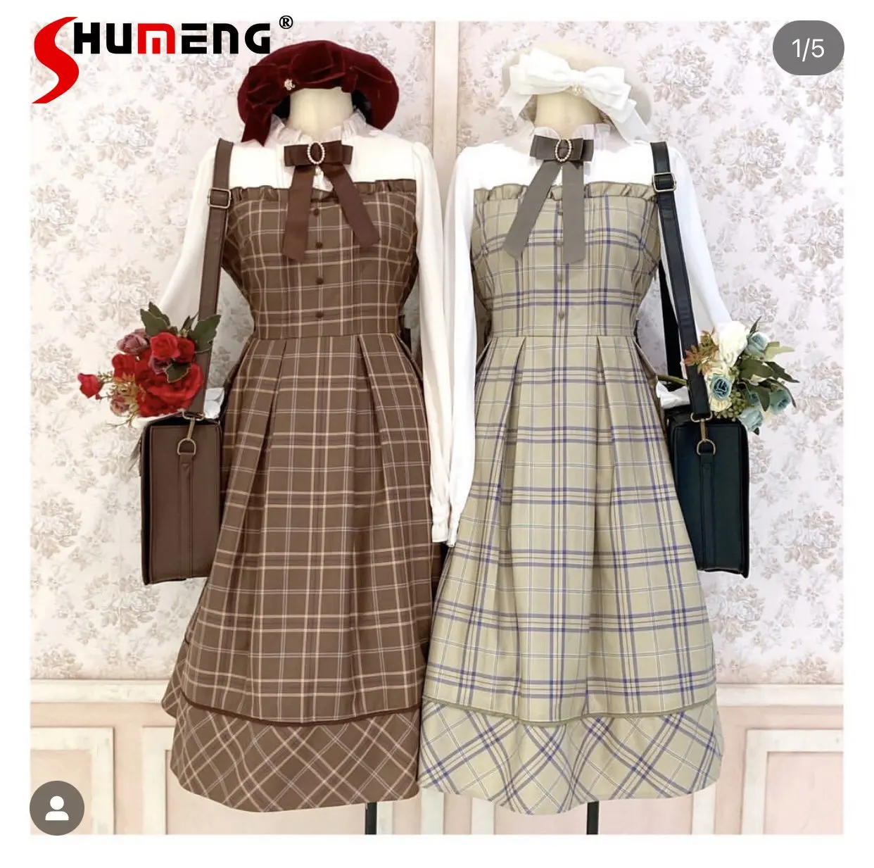 Spring 2023 New Beautiful Retro Style Plaid Dress Woman Vintage Khaki Green Mid-length Dresses Ladies Vestidos Elegantes Mujer