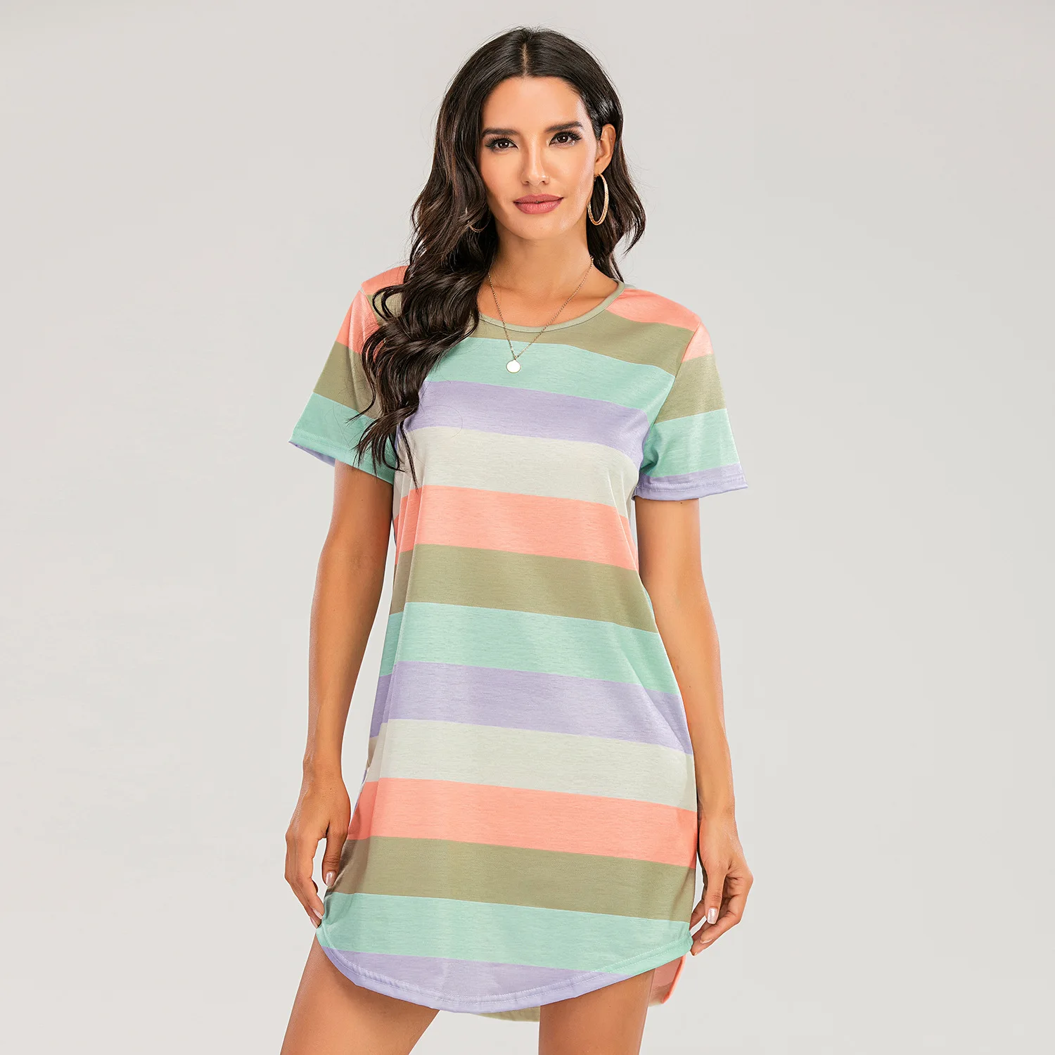 Fashion Rainbow Striped Sleep Dress Women Irregular Mini T Shirt Dress Casual Night Dress Sleepwear Ladies Nightgowns Homewear