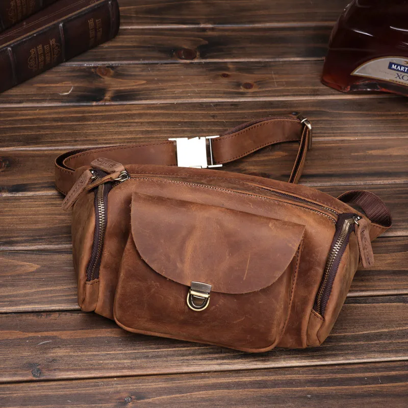 Retro fashion designer natural crazy horse cowhide men's diagonal bag summer outdoor sports youth genuine leather chest bag