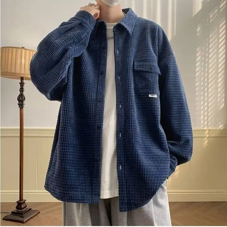Spring Autumn Fashion Men's Solid Casual T-Shirt Loose Cool Boy Soft Versatile Tops Students Buttons Coat Pocket Corduroy Jacket