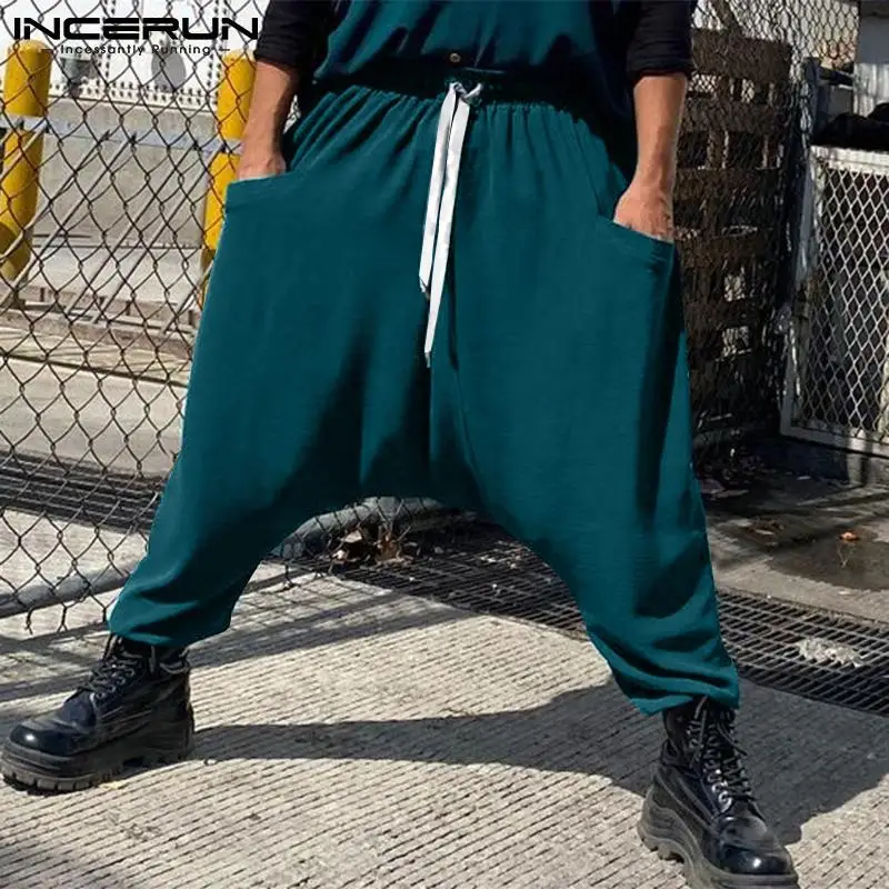 

INCERUN New Men's All-match Simple Drop Crotch Long Pants Solid Pantalons Fashion Male Loose Comfortable Wide Leg Trousers S-5XL
