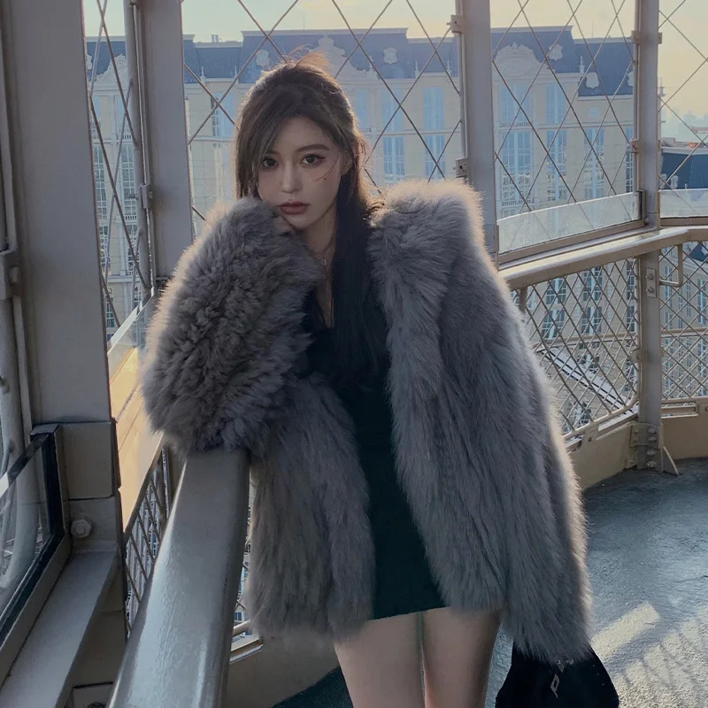 Winter hooded knitted loose fur coat