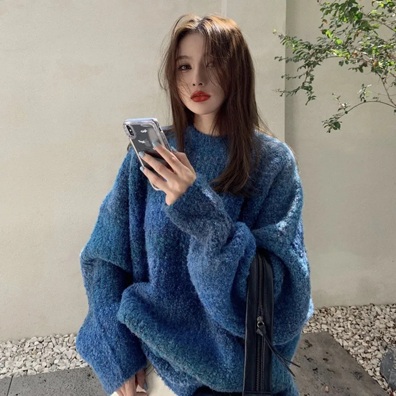 Зимний градиентный свитер женский вязаный пуловер большого размера с принтом