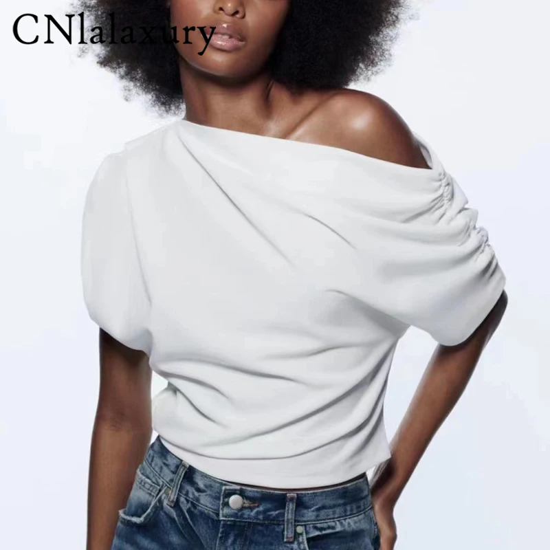 

CNlalaxury 2022 New Summer Short Sleeve Folds Asymmetrical Off The Shoulder T-shirt Women Solid Color Simple Tops Female