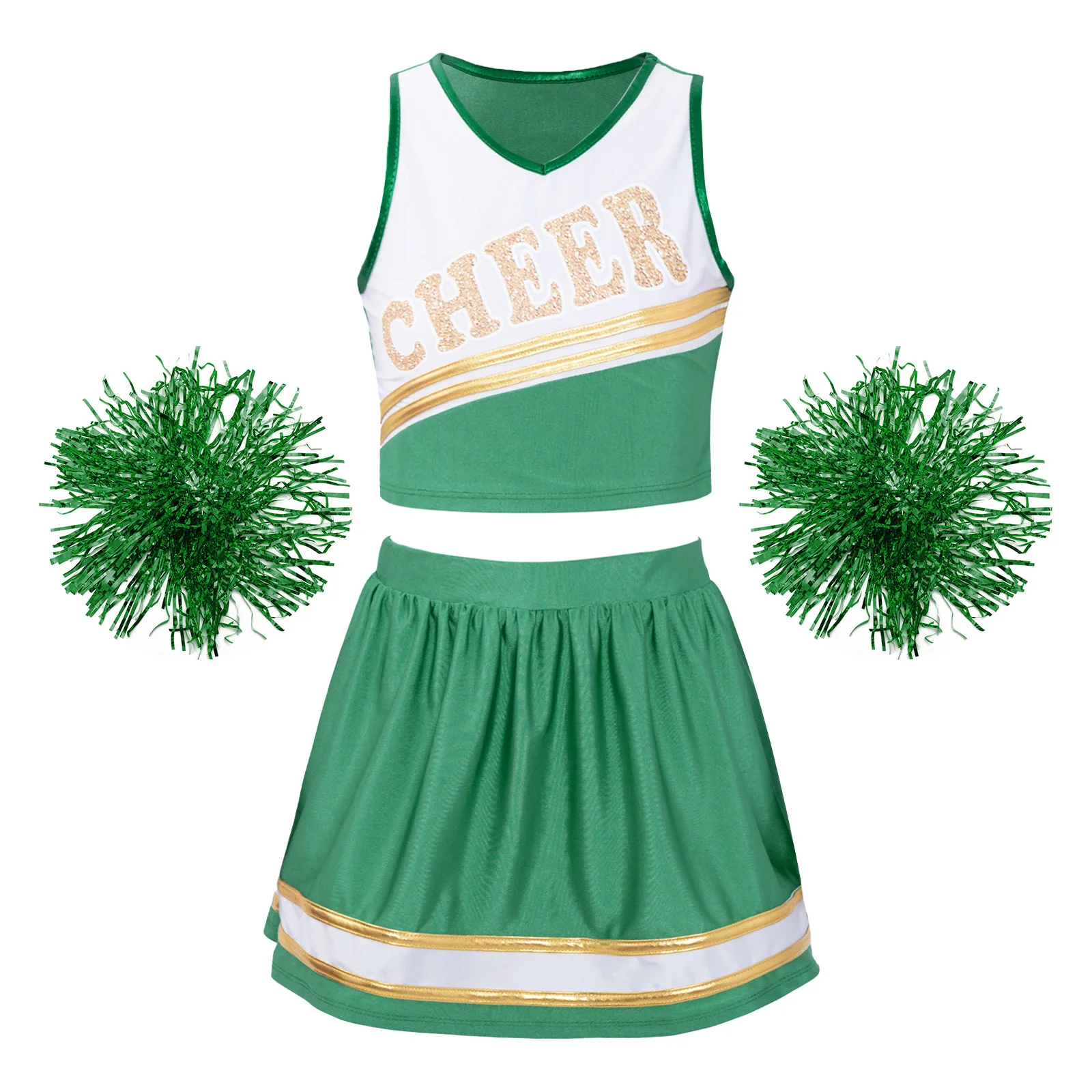 

Kids Girls Cheerleading Set Sleeveless V Neck Letters Printed Crop Top with Skirt And 2Pcs Flower Balls for Dance Performance
